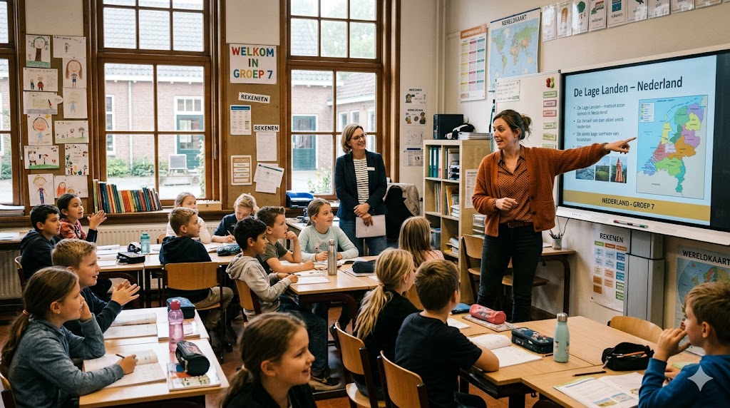 Leerkracht geeft les, adviseur ondersteunt op de achtergrond